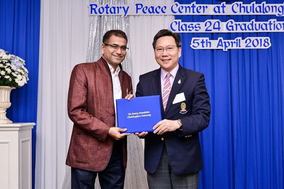 Dr. Milind Pande receiving Rotary International Peace Fellowship at Rotary Peace Center, Chulalongkorn University, Bangkok — Class 24 Graduation, 5 April 2018